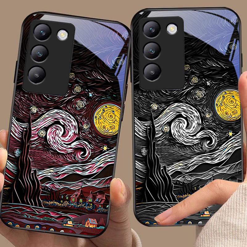 Ретро Масляная Живопись Для Y72 33S 11 03 36 96 Lite 35 16 Iqoo 12 V40 SE 5G 29 40 21 30 X80 Pro Vivo Чехол для Телефона из Закаленного Стекла Черный