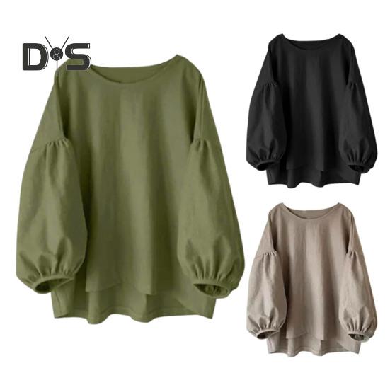 Женские топы с круглым вырезом, пышные, с длинным рукавом, однотонные, свободные, повседневные, блузки, универсальная повседневная одежда