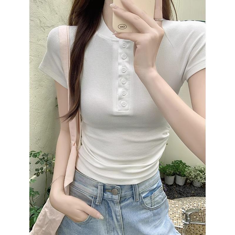 Французское лето однотонная рубашка на пуговицах с прямым плечом, полуоткрытым воротником, коротким рукавом, приталенная футболка с рукавом реглан для женщин