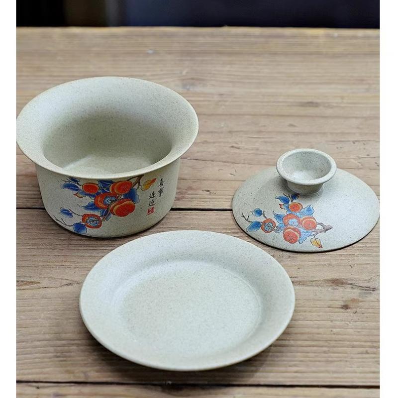 Coarse Pottery Covered Bowl Purple Clay Tea Making Bowl Kung Fu Tea Set Hand-held Bowl Sancai Gaiwan Home and Office Tea Maker