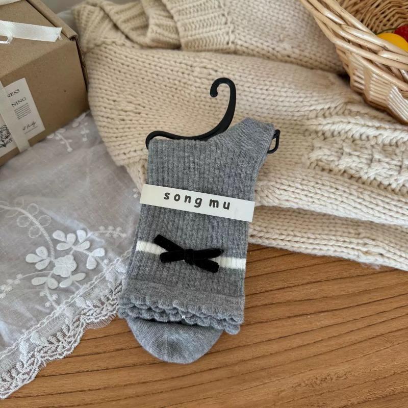Female Autumn Fashion New Style Bow In The Tube Pile Pile Cotton Socks