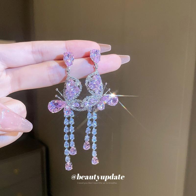 Серебряная игла циркон розовый бабочка капля воды длинные серьги с бахромой Мори мода темперамент серьги сладкие легкая роскошь серьги