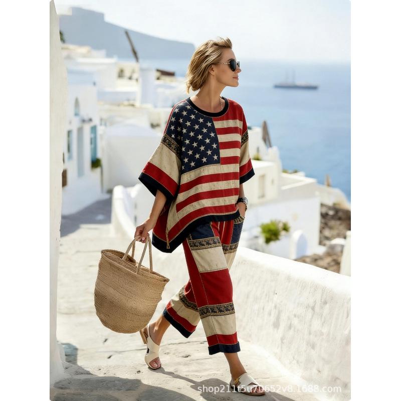 US 111th Anniversary Independence Day 1D Digital Printing Fashion Casual Seven-quarter Sleeve Seven-quarter Pants Loose Suit