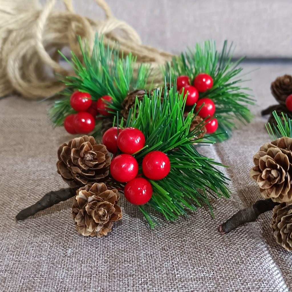 6/10pcs  Artificial Pine Cones and Red Berries - Perfect for Christmas Tree Toppers, Holiday Decorations, and Craft Projects