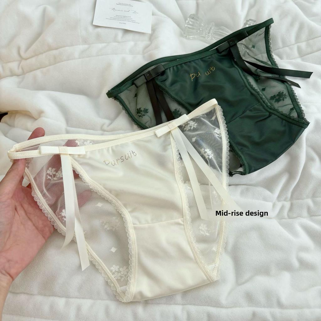 Ladies Spring and Autumn Bow Lace Mesh Cotton Crotch Ice Silk Quick Dry High Split Low Waist Briefs