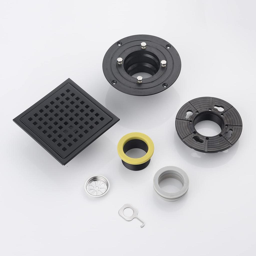 6 Inch Shower Drain Brushed Nickel Square with Adjustable Shower Drain Base Flange SUS304 Stainless Steel Floor Drain Cover Removable Mesh Grille