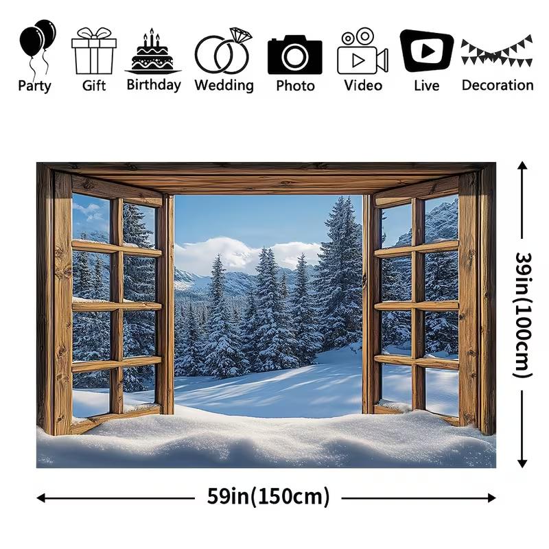 2D Rustic Window Snowy Forest Backdrop Winter Landscape Portrait Photography Background