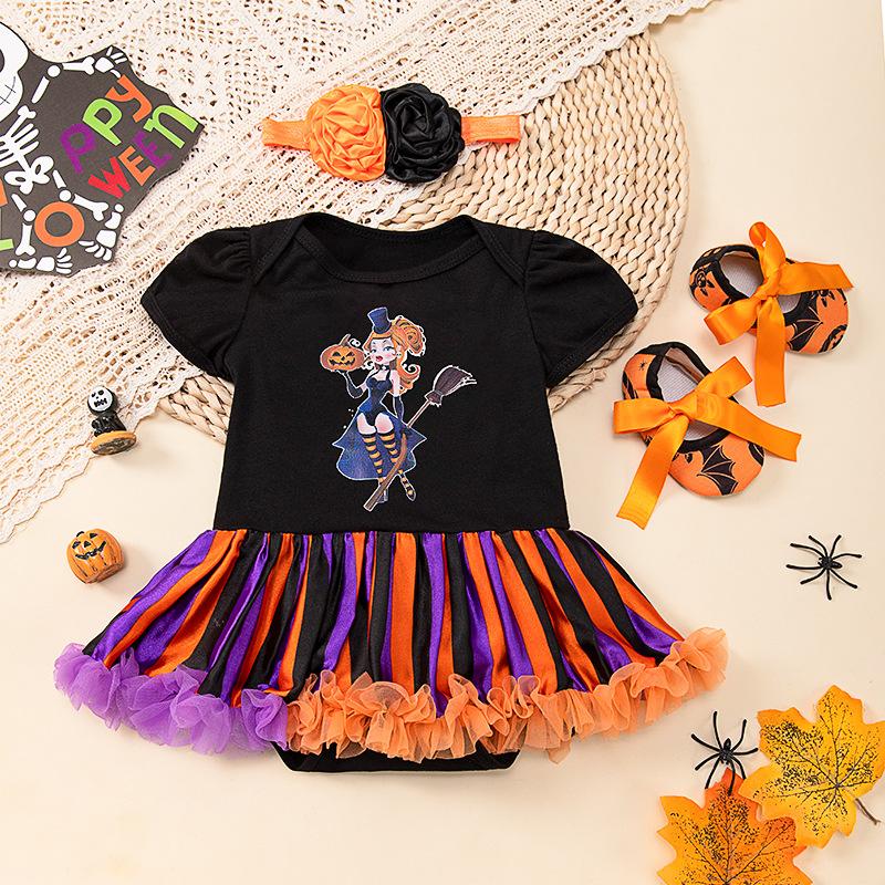 Оранжевые тыквы детские костюмы на Хэллоуин для девочек комплекты одежды для новорожденных кружевной комбинезон Petti детская обувь повязка на голову 3 шт. детская одежда