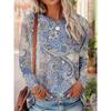 Plus Size Boho T-shirt, Women's Plus Paisley Print Long Sleeve Round Neck Slight Stretch T-shirt