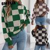 GMXIA Autumn and Winter Casual High-neck Contrasting Color Checkered Lantern Long-sleeved Sweater Women's Wear