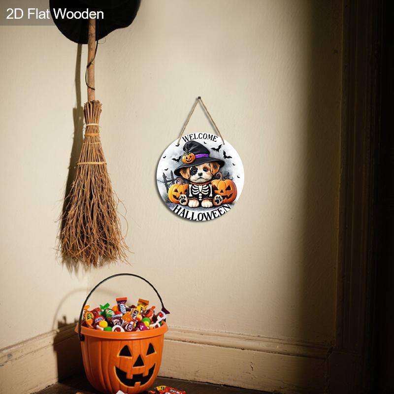Halloween Wooden Welcome Sign with Dog & Pumpkin Pattern - Charming Figurine Ornaments - Ideal for Front Door, Wall, Room Decor