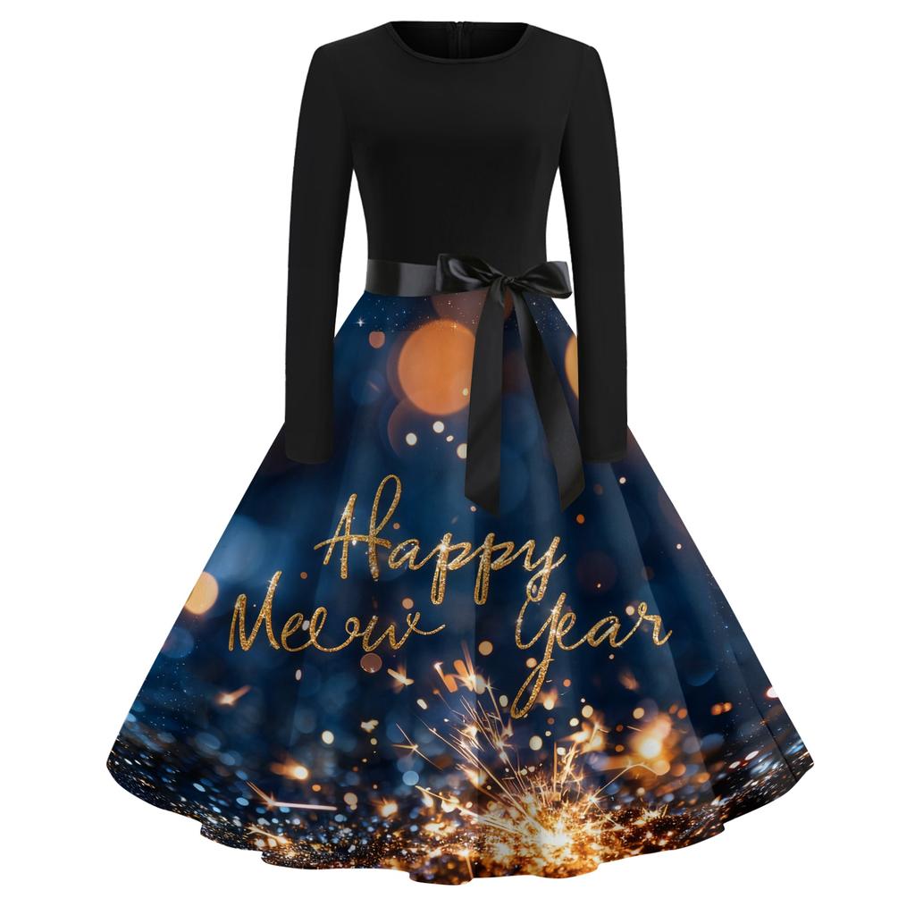 Женское повседневное модное платье с круглым вырезом и длинным рукавом с новогодним принтом в ретро-стиле