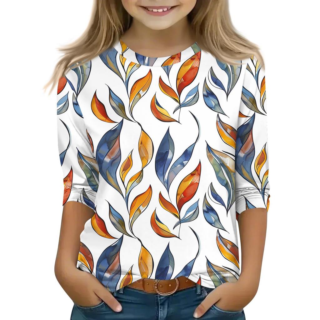 Детская футболка с рукавом 3/4, повседневная футболка с принтом, круглый вырез, блузка-пуловер