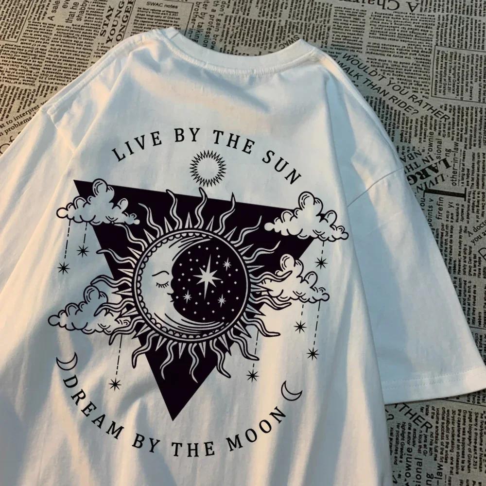 Live By The Sun Dream By The Moon Tshirt Women Hip Hop Casual Tops Pattern Sweat Summer Clothing Fashion Loose Tshirt