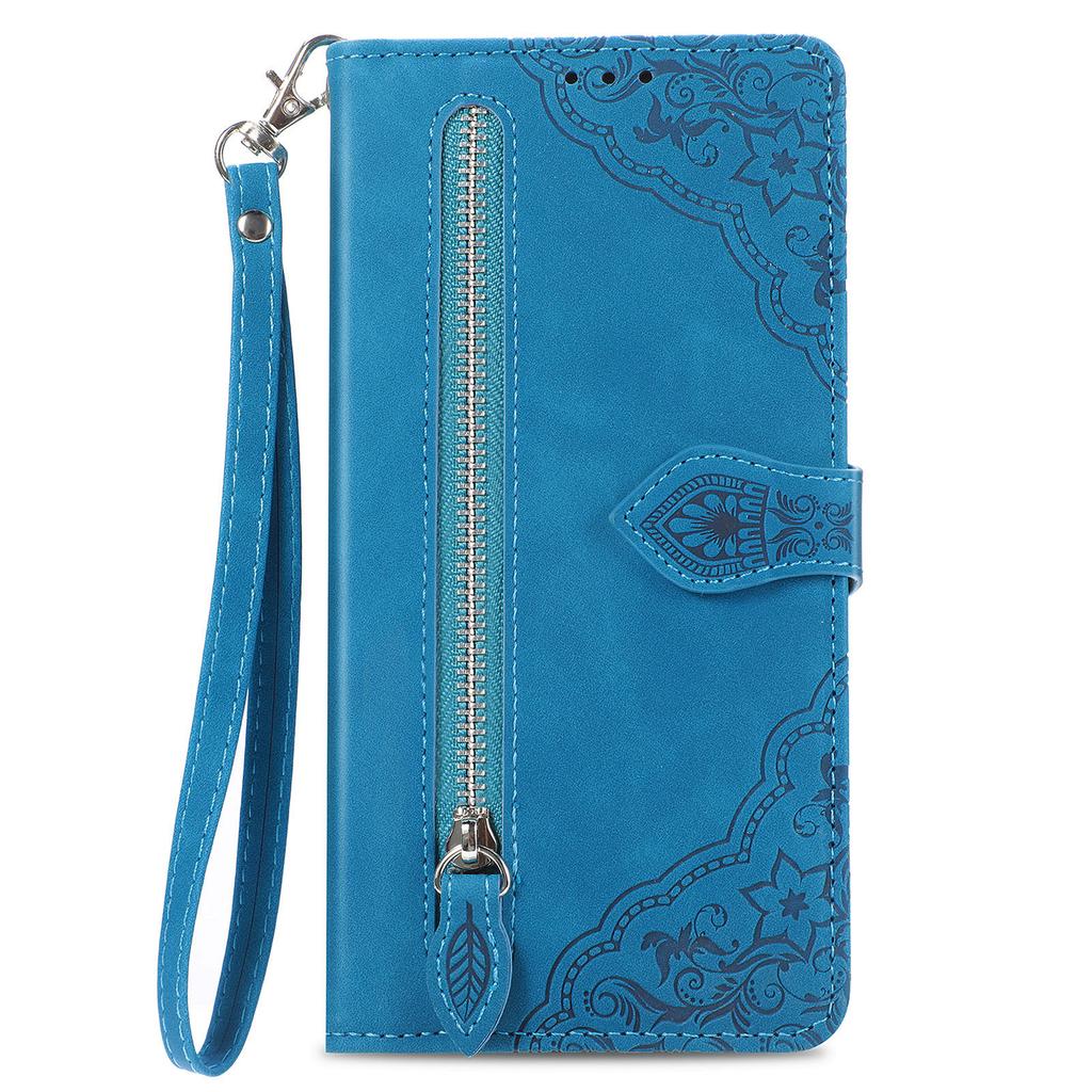 For Xiaomi Redmi Note 13 Pro 5G/Poco X6 5G Zipper Wallet Case with Strap Flower Imprint PU Leather Phone Cover