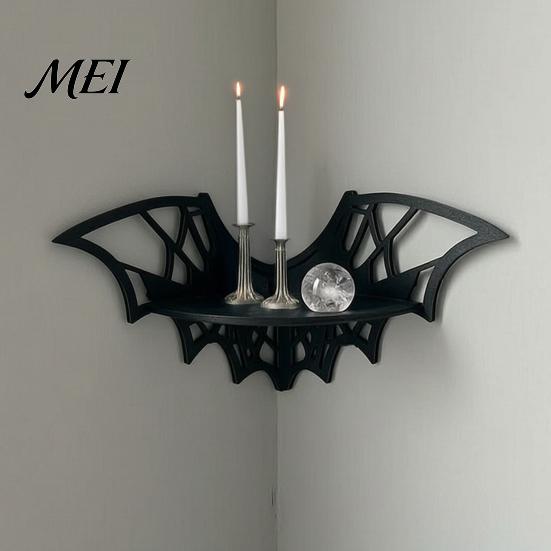 Curio Display Shelf Halloween Bat Corner Shelf, Decorative Wooden Wall Mount Home Decorations Spiderweb Design Gothic Floating Rack for Home, Bedroom,