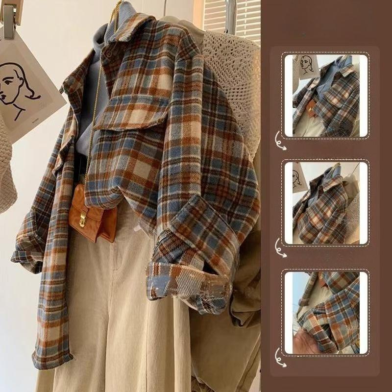 Контрастные шерстяные клетчатые женские рубашки Винтажные женские блузки с отложным воротником и длинными рукавами Весенние и осенние повседневные универсальные свободные топы
