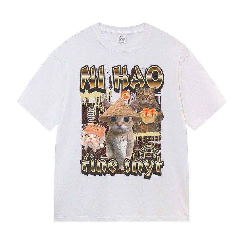 Ni Hao Fine Shyt Funny Cat Graphic T Shirt Unisex Women Vintage Harajuku Fashion Tshirt 2026 Summer Cotton Oversized Tshirts Tops