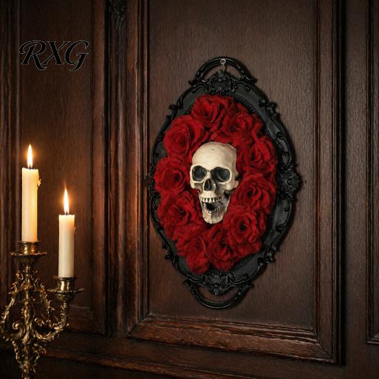 Spider Web Skull Ornament Halloween Gothic Wall Decoration, Vintage Red Rose Frame Sculpture, Decorative Horror Art for Holiday Party Decor