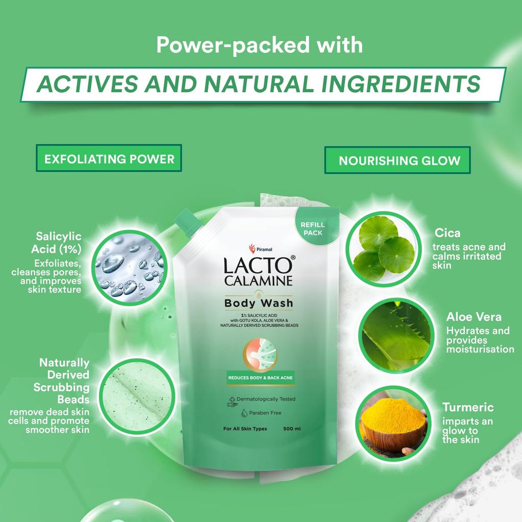 Lacto Calamine Гель для душа с салициловой кислотой, сменный пакет 500 мл, упаковка 1 шт. Для гладкой чистой кожи