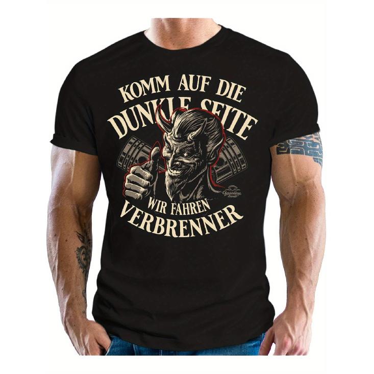 Men's black short sleeve t-shirt with devil graphic and German text, crew neck, relaxed fit, soft cotton feel, edgy automotive theme for casual wear