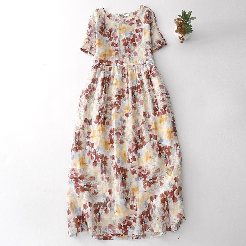 2025 весна и лето новый продукт круглый вырез короткий рукав с принтом хлопково-льняное платье женское зарубежный стиль мелкий цветочный миди и длинная юбка