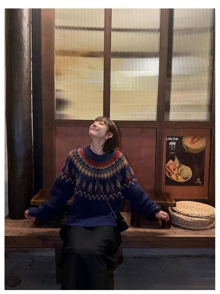 Темно-синий свитер из мохера с жаккардовым узором в стиле Fair Isle для женщин - Осень/Зима Корейский стиль Рождественская атмосфера Свободный крой