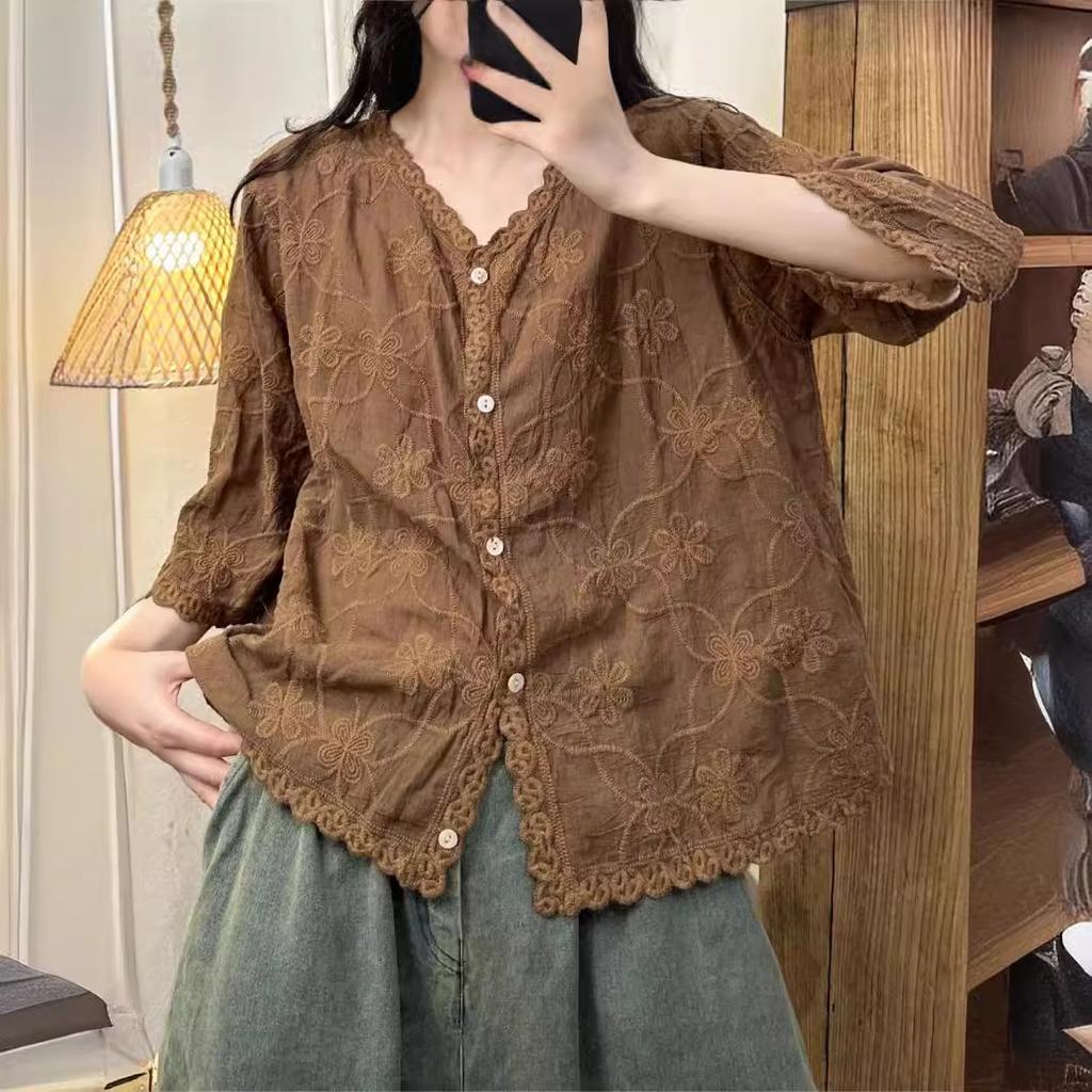 Summer Women Cotton Shirts Embroidery Loose V-Neck Collae Single-Breasted Female Tops