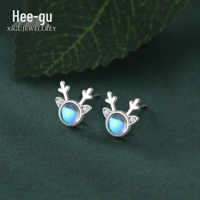 Higu E1015 Серьги-гвоздики из серебра S925 с лунным камнем и веткой оленя - Новый рождественский тренд, стиль Мори