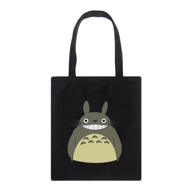 Многоразовая сумка для покупок с милым принтом «Толстый Тоторо», женские сумки-тоут с принтом, эко-сумка, мультяшная покупательница, винтажные черные холщовые сумки на плечо