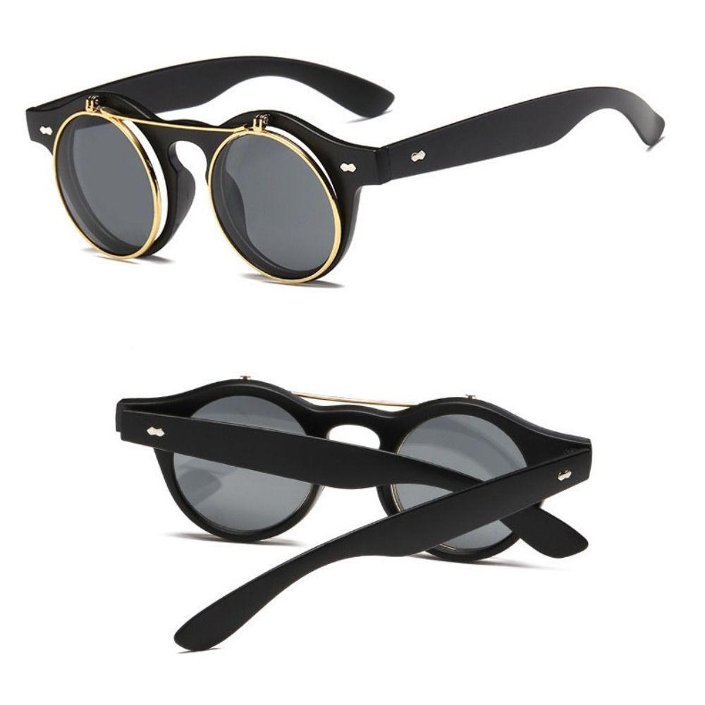 Double Layer Outdoor Sunglasses Round Frame Black Shades Glasses Flip Cover Sunglasses