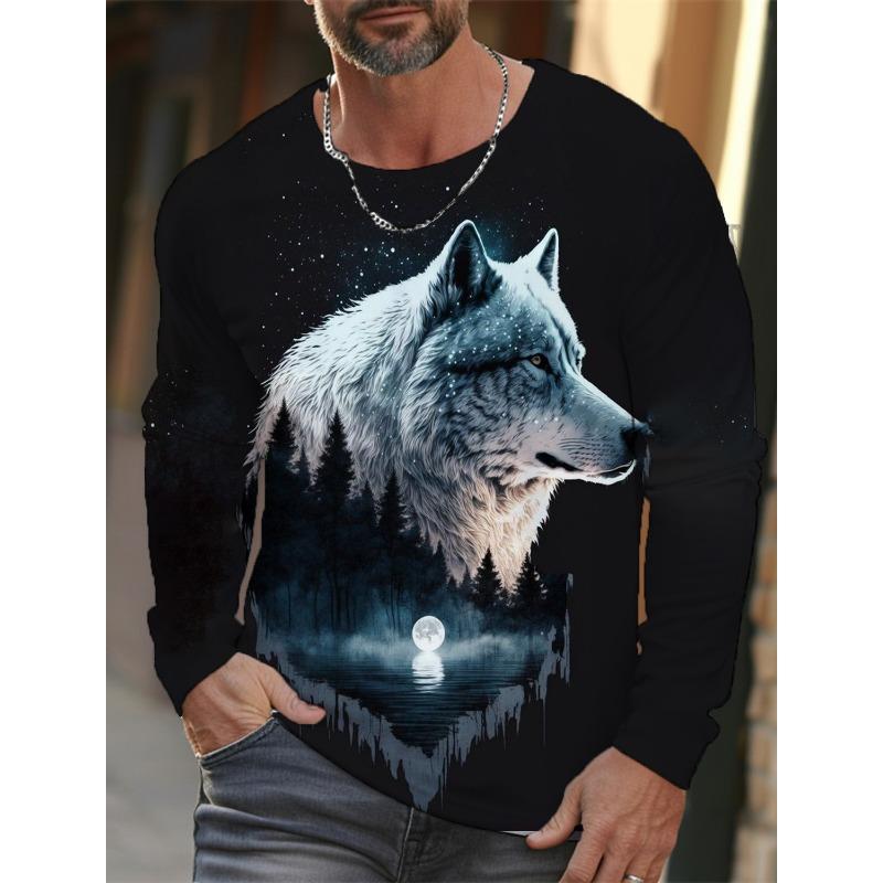 Футболка с длинным рукавом с рисунком волка для мужчин, повседневная футболка с принтом животных в стиле 3D, уличная одежда
