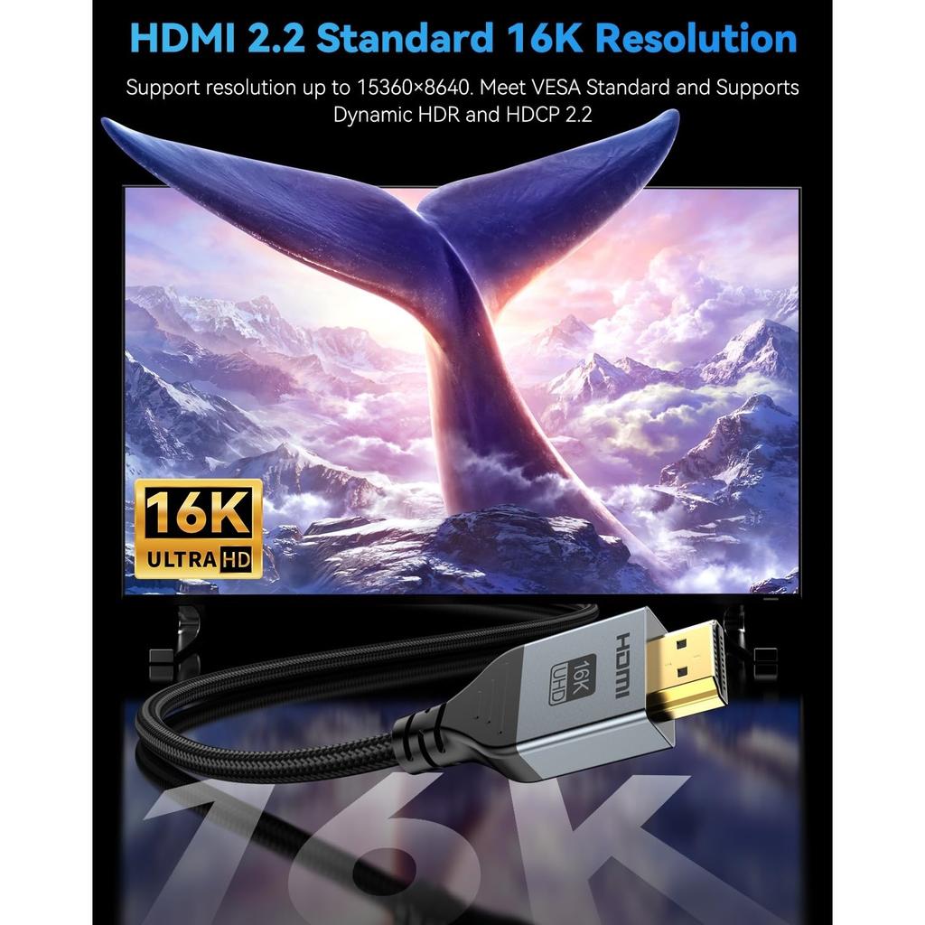 16K 8K HDMI Cable 96Gbps High Speed HDMI 2.2 Cable 16K@60Hz 8K@120Hz 4K@480Hz HDCP 2.2&2.3 Dynamic HDR For Roku TV/HDTV/PS5/Blu-ray/Projector
