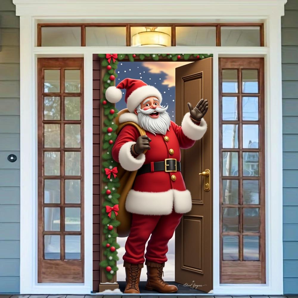 Vivid Santa Claus Send Gift Christmas Door Cover 35.43*72.83inch Banner Front Door Decoration 2025 Christmas Home Party Supplies