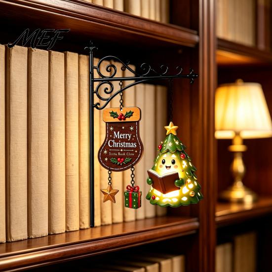 Creative Bookshelf Display Lamp Christmas Hanging Light, Snowman Book Nook Lamp, Metal Decorative Reading Space Accessories Floating Library