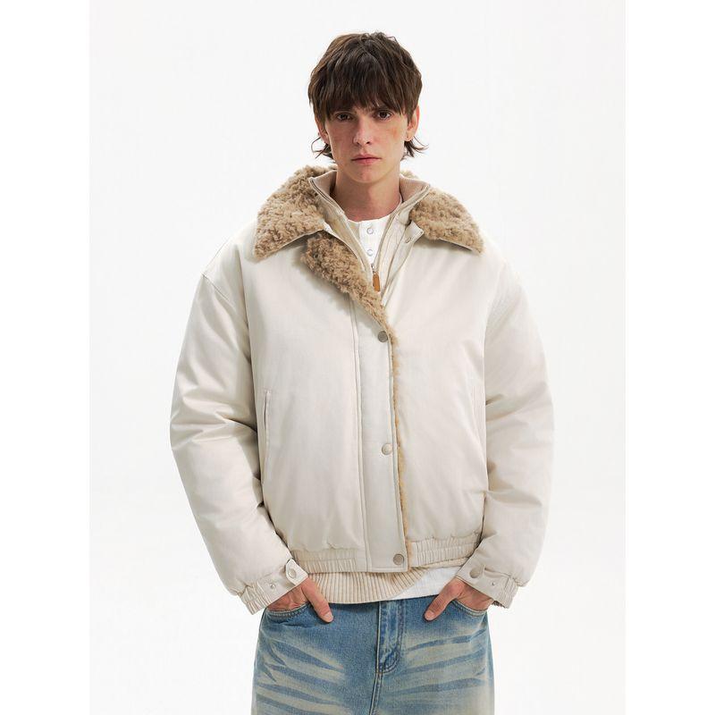 Blaexit Barn Style Jacket Cotton Coat Men's Winter Thickened Fleece-Lined Warm Cotton Coat with Lamb Wool Fur Collar Jacket