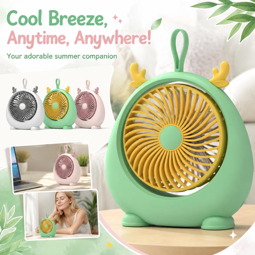 Portable Mini Desktop Fan USB Powered Adjustable Quiet Small Fan with Lanyard and Antler Design Suitable for Summer Use