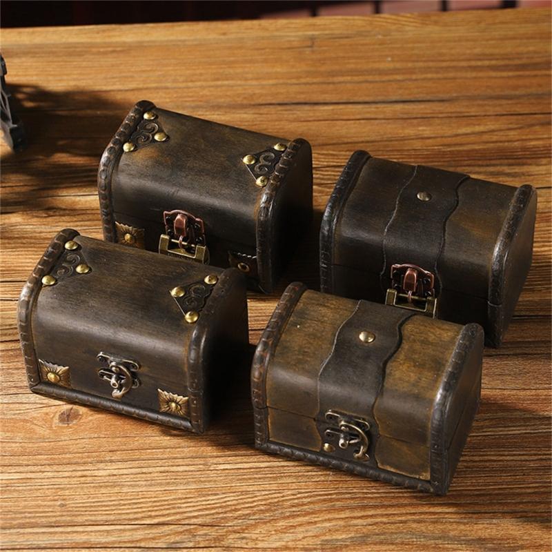 Vintage Wooden Treasure Chests Lockable Jewelry Storage Box Antique Style Decorative Organizers for Home Bedroom Decors