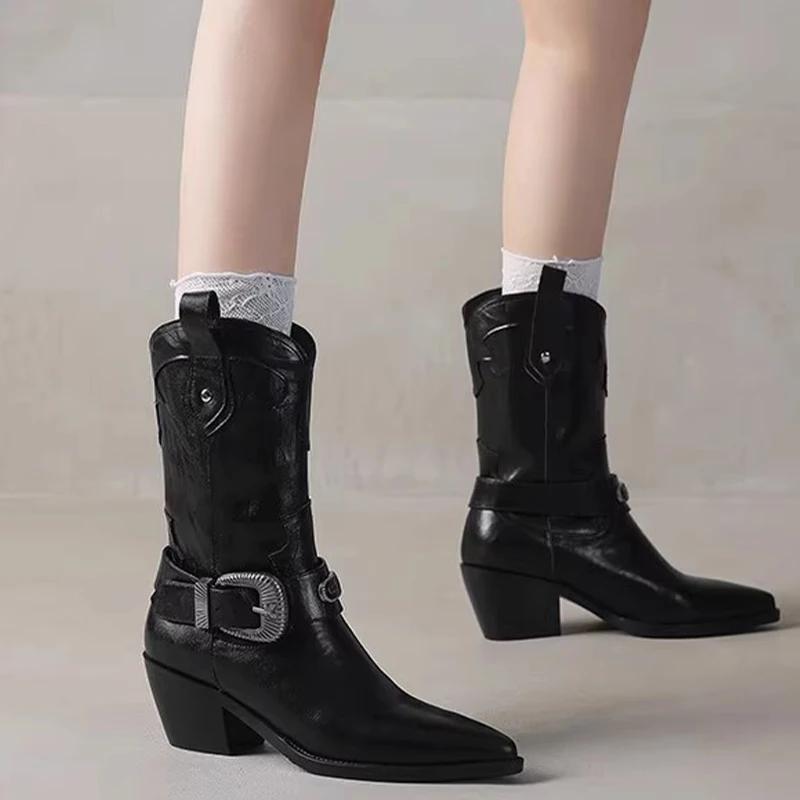 Модные женские сапоги с острым носком и средней высотой каблука, обувь на среднем каблуке 2024 года, дизайнерские новые ботинки челси, туфли-лодочки, сексуальные готические брендовые женские сапоги