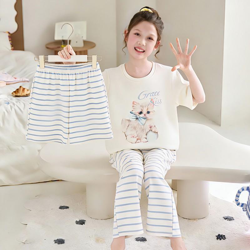2026 Cotton Pajama Set Girls Short Sleeve Thin Sleepwear Sweet Cartoon Print Kids Home Outfit