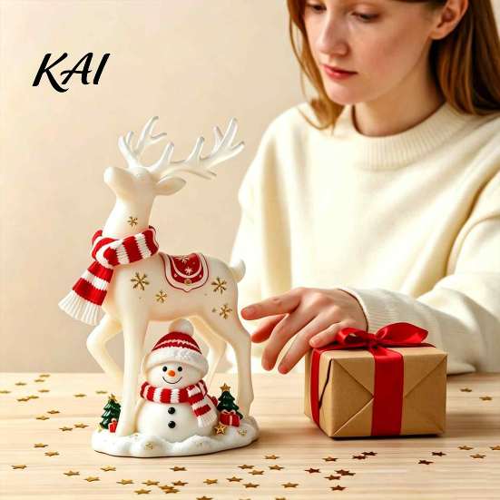 Decorative Crafts for Shelves Christmas Reindeer Snowman Resin Figurine, White Deer Statue with Red Scarf, Elk Ornaments Winter Holiday Tabletop