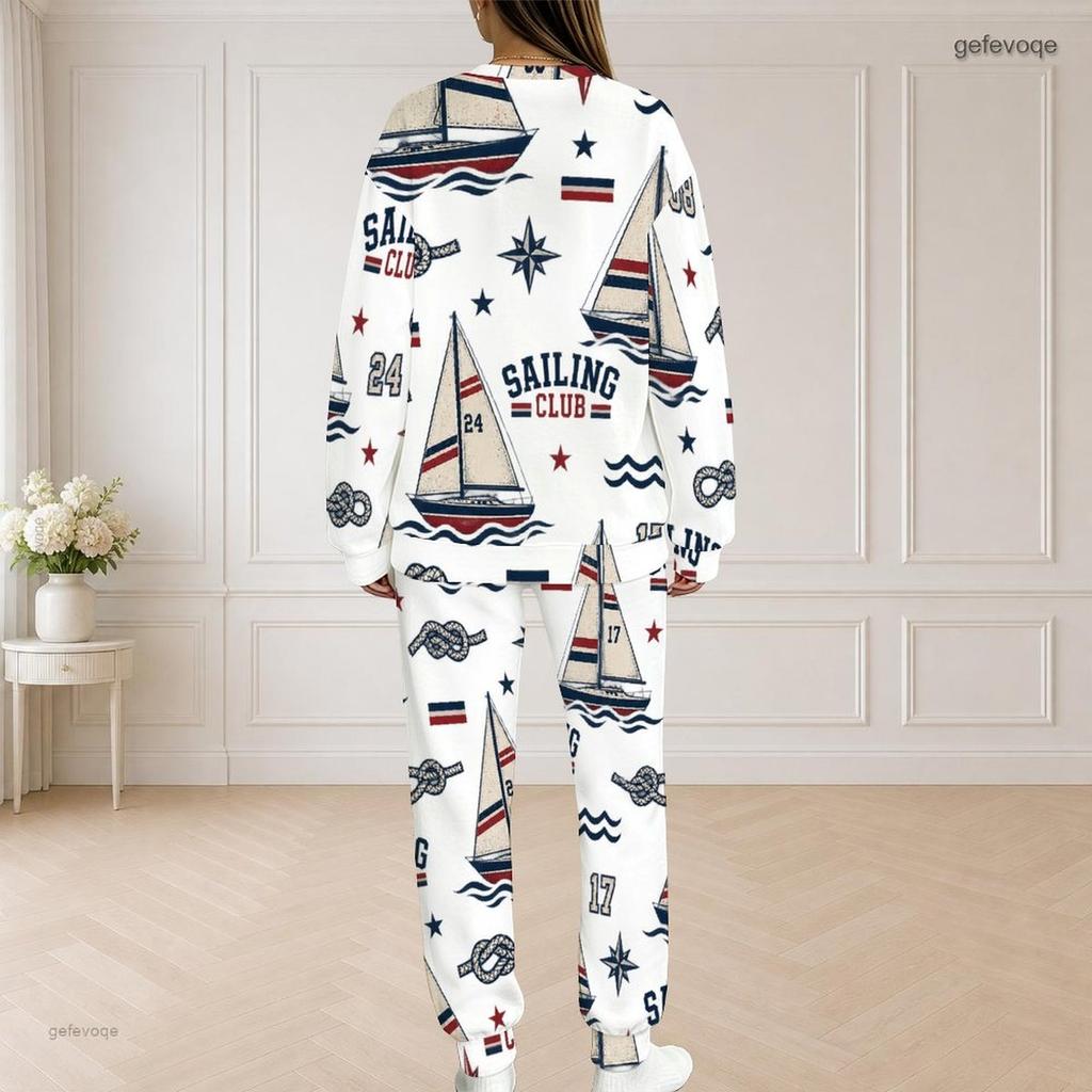 Women Plus Size White Sailboat Printed Round Neck Long Sleeve Top And Pants Two Piece Set