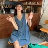 Summer Denim Dress V Neck A-line Big Hem Sleeveless Solid Color Pockets Single-breasted Cardigan Pleated Patchwork Mini Dress Daily Wear Party Short