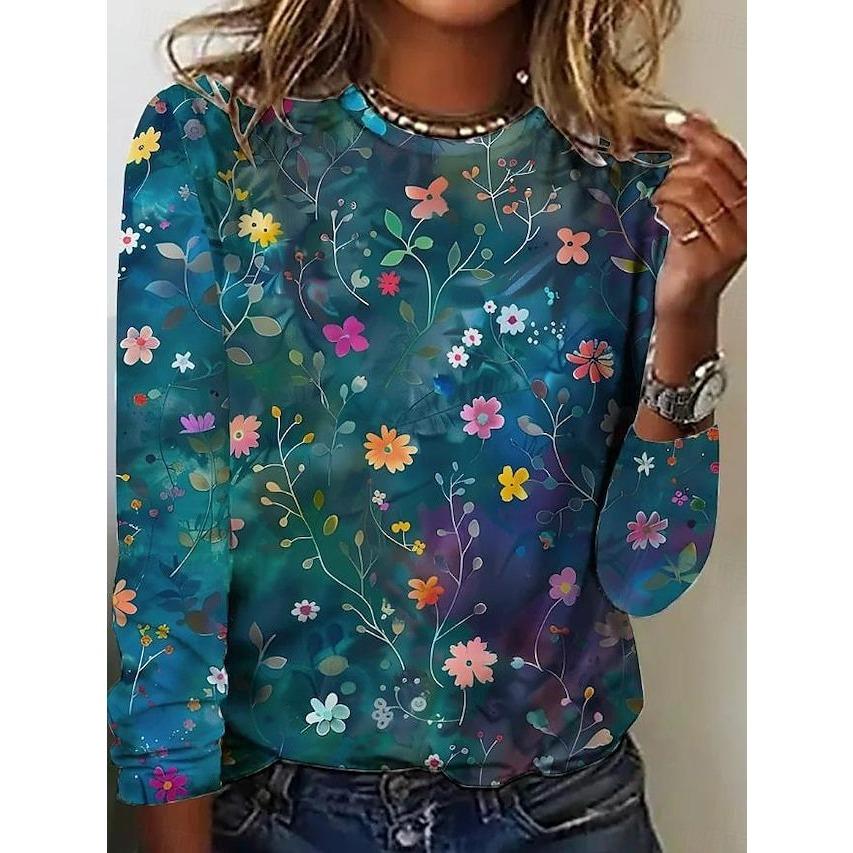 Women's Floral 3D Print Long Sleeved Top Spring and Autumn Round Neck Fashionable Casual T-shirts