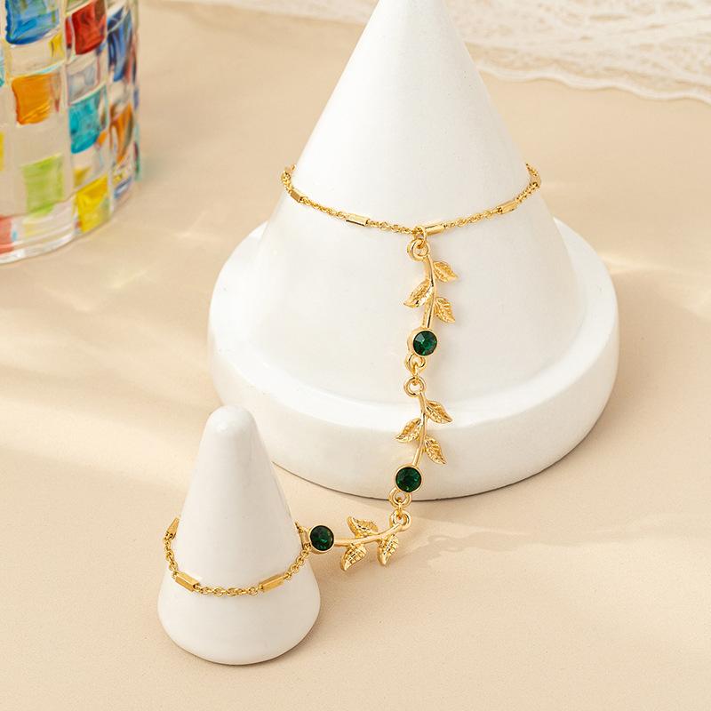 Personalized Green Zircon Leaves Tassel Chain Finger Bangle for Women Gold Color Geometry Knuckle Ring Bracelets Jewelry Gift