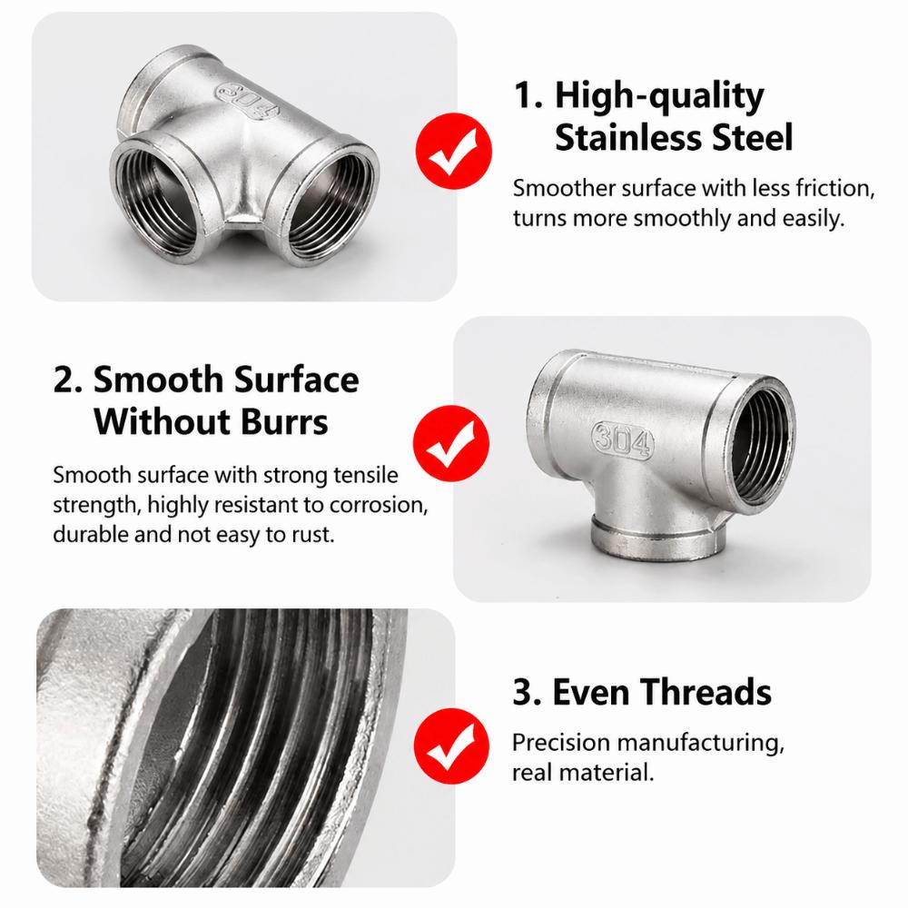 304 Stainless Steel Pipe Fitting BSP Female Thread Pipe Tee Adapter Durable Steel Plumbing Tee