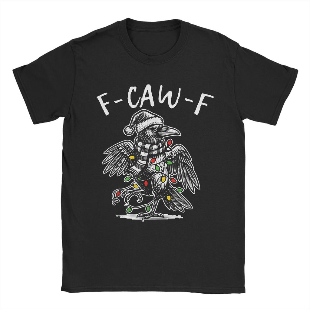 Crow F-Caw-F Funny Black Bird Moon Christmas Santa Hat T-Shirt for Men Crew Neck T Shirts  Short Sleeve Tee Shirt Clothing