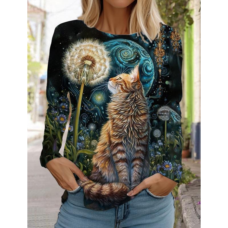 Женская толстовка с круглым вырезом, с длинным рукавом, модная, повседневная, с милым рисунком котенка и животных, с принтом топов