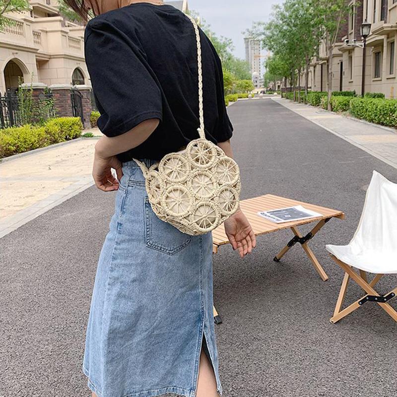 Yogodlns Летняя пляжная женская соломенная сумка ручной работы на плечо, женская круглая полая дорожная повседневная тканая сумка, праздничная вязаная хлопковая льняная сумка
