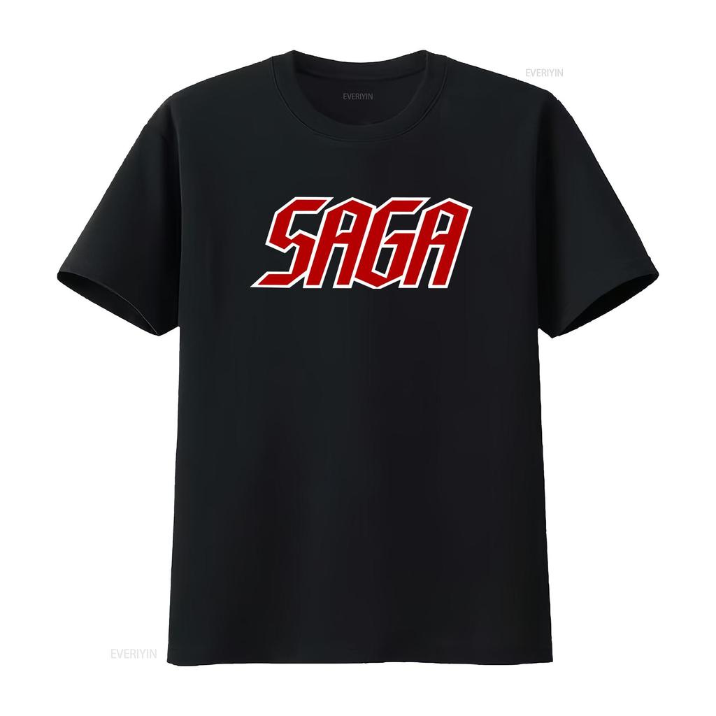 Saga Band Logo Black T Shirt All Sizes Available Bold Red White Design for Music Fans Comfortable Cotton Fabric Perfect